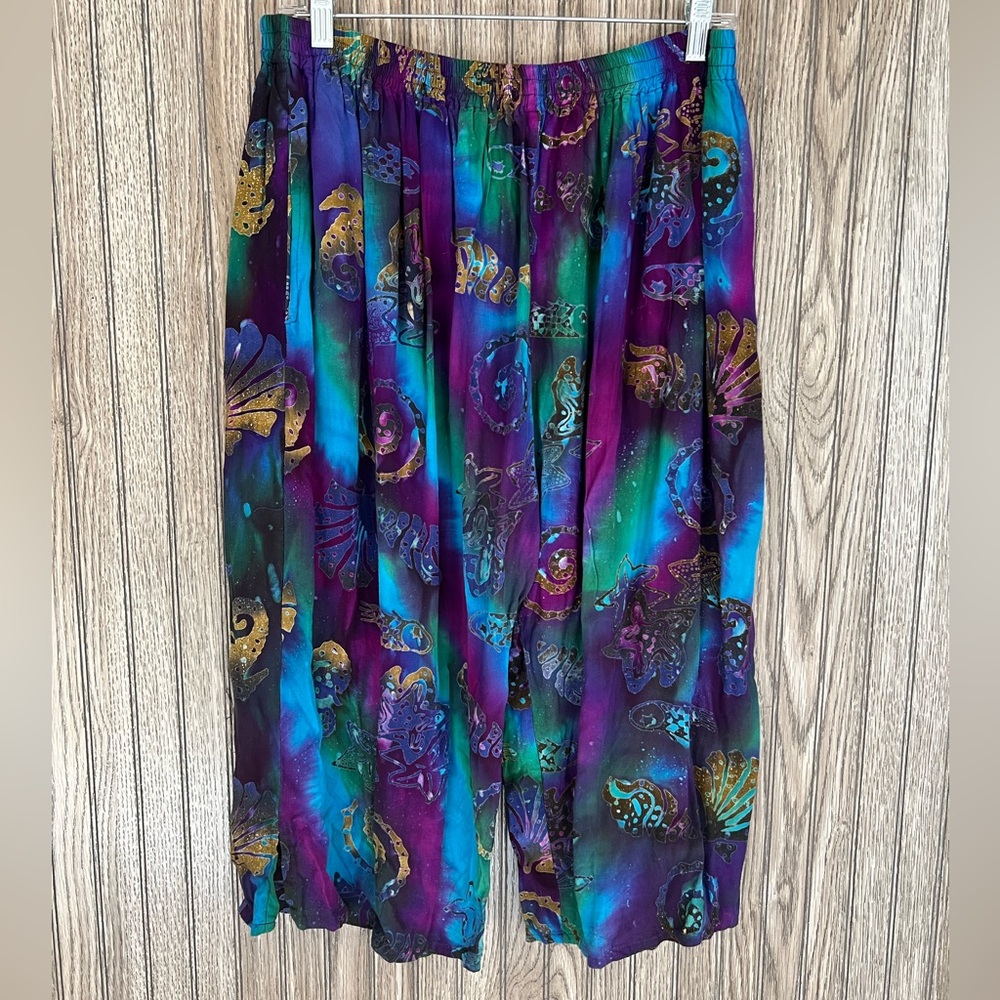 Vintage 90s Blue Green Purple TieDye Seashell Print Cropped Wide Leg Casual Pant